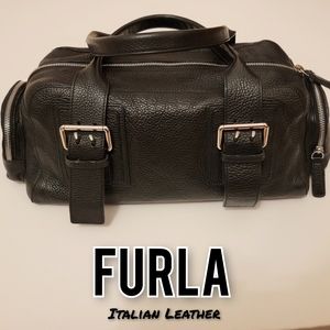 FURLA Soft Pebbled Real Italian Leather Satchel Duffle Style Bag Silver Hardware